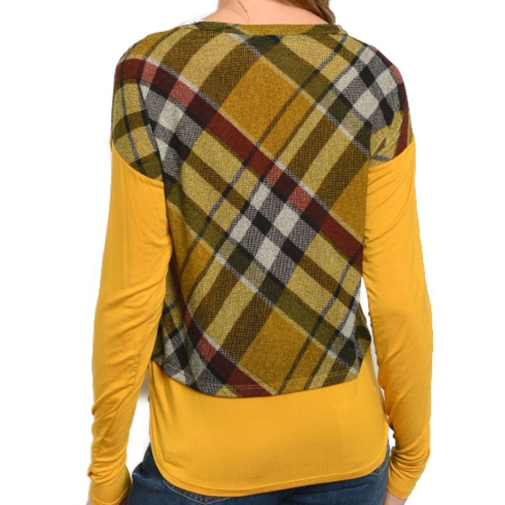 Top Knit Yellow Mustard Plaid Long Sleeve Tee Shirt Casual Large size - Picture 2 of 2